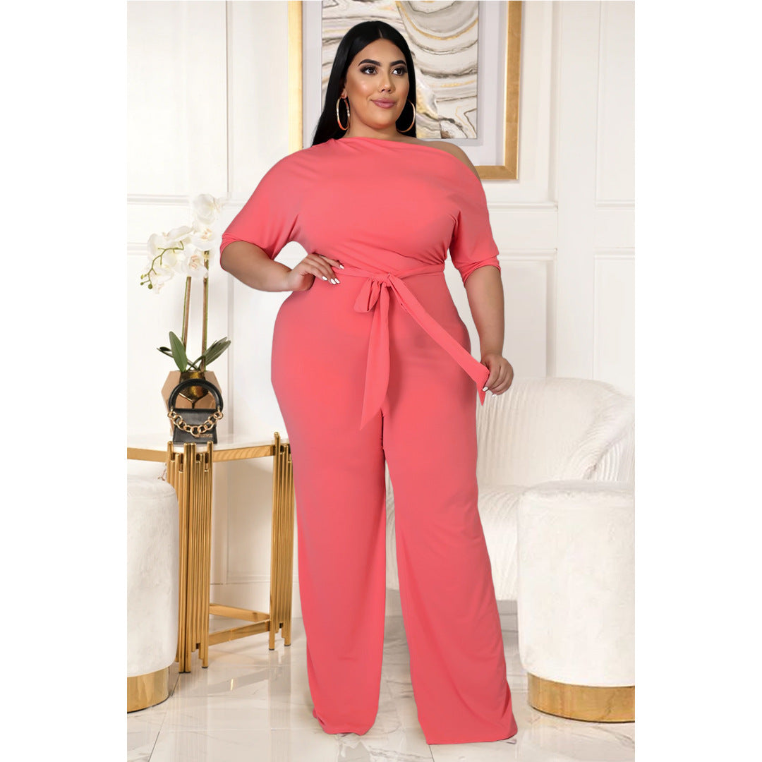 Plus Size Women Solid Color Lace-up Oblique Shoulder Horn Jumpsuit