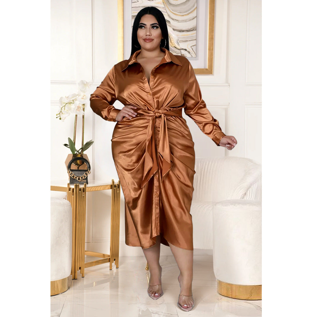 Plus Size Nightclub Uniforms Reflective Silk Pleated Lace-up Shirt Dress