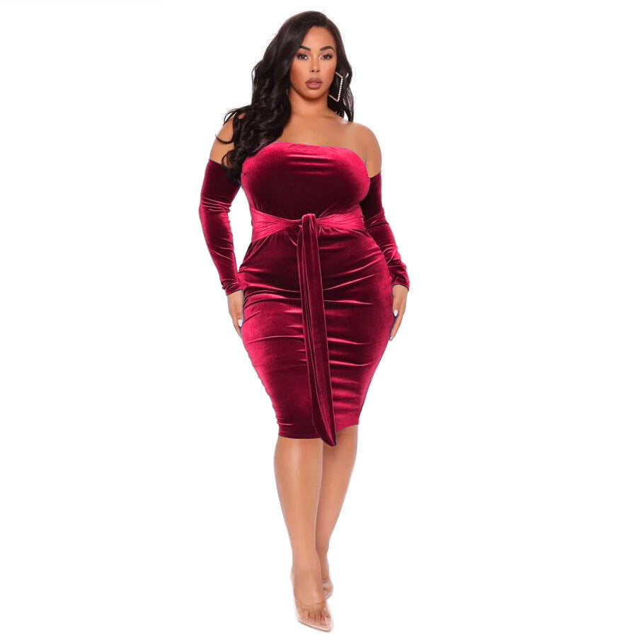 Plus Size Women Sexy off-Shoulder Solid Color  Dress Bandage Nightclub Skirt