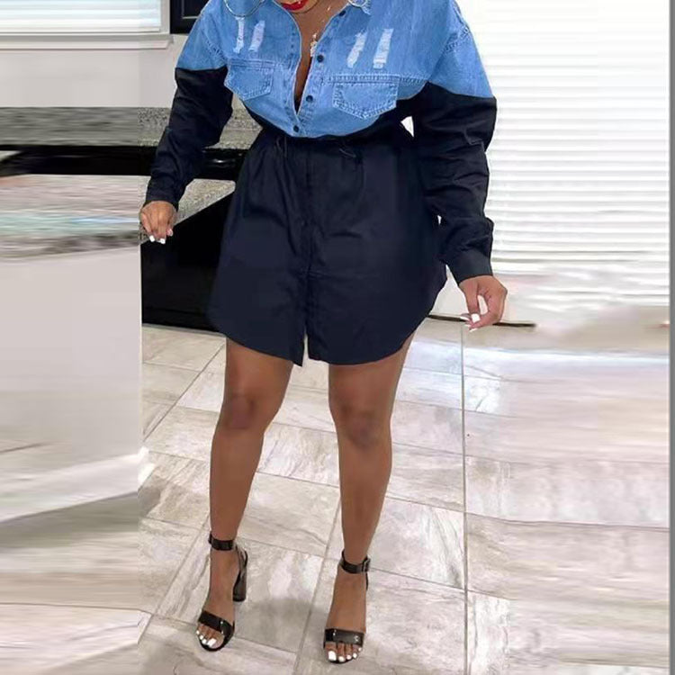 Plus Size Denim Patchwork Shirt Mid-Length Long Sleeve Casual Dress