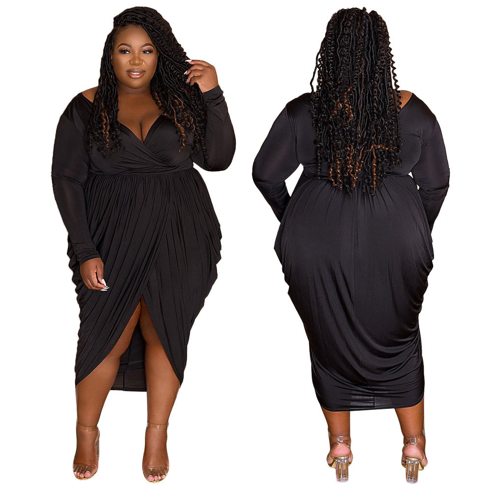 Plus Size Women Clothing Sexy Deep V Plunge Plunge Fashionable Pleated Elegant Nightclub Woman Dress Maxi Dress