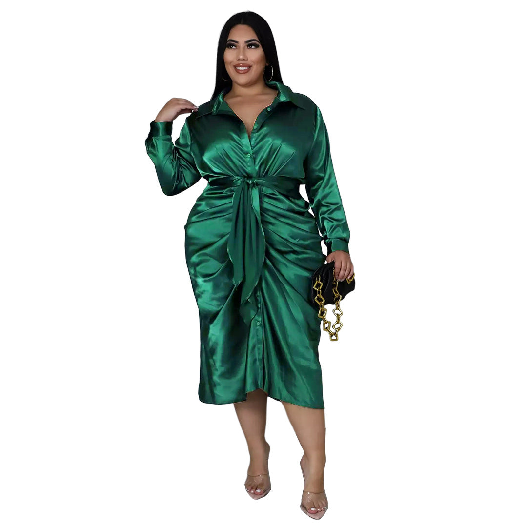 Plus Size Nightclub Uniforms Reflective Silk Pleated Lace-up Shirt Dress