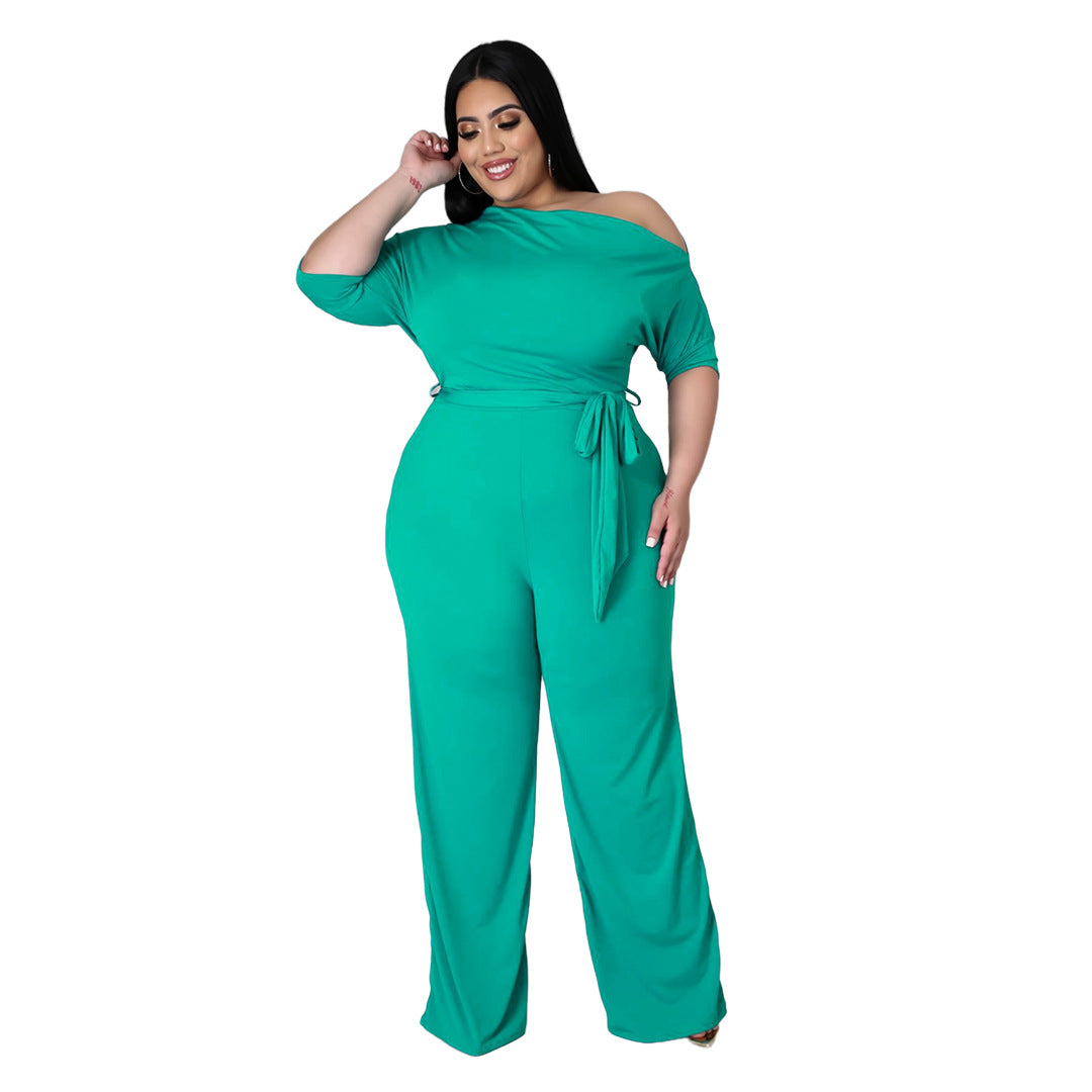 Plus Size Women Solid Color Lace-up Oblique Shoulder Horn Jumpsuit