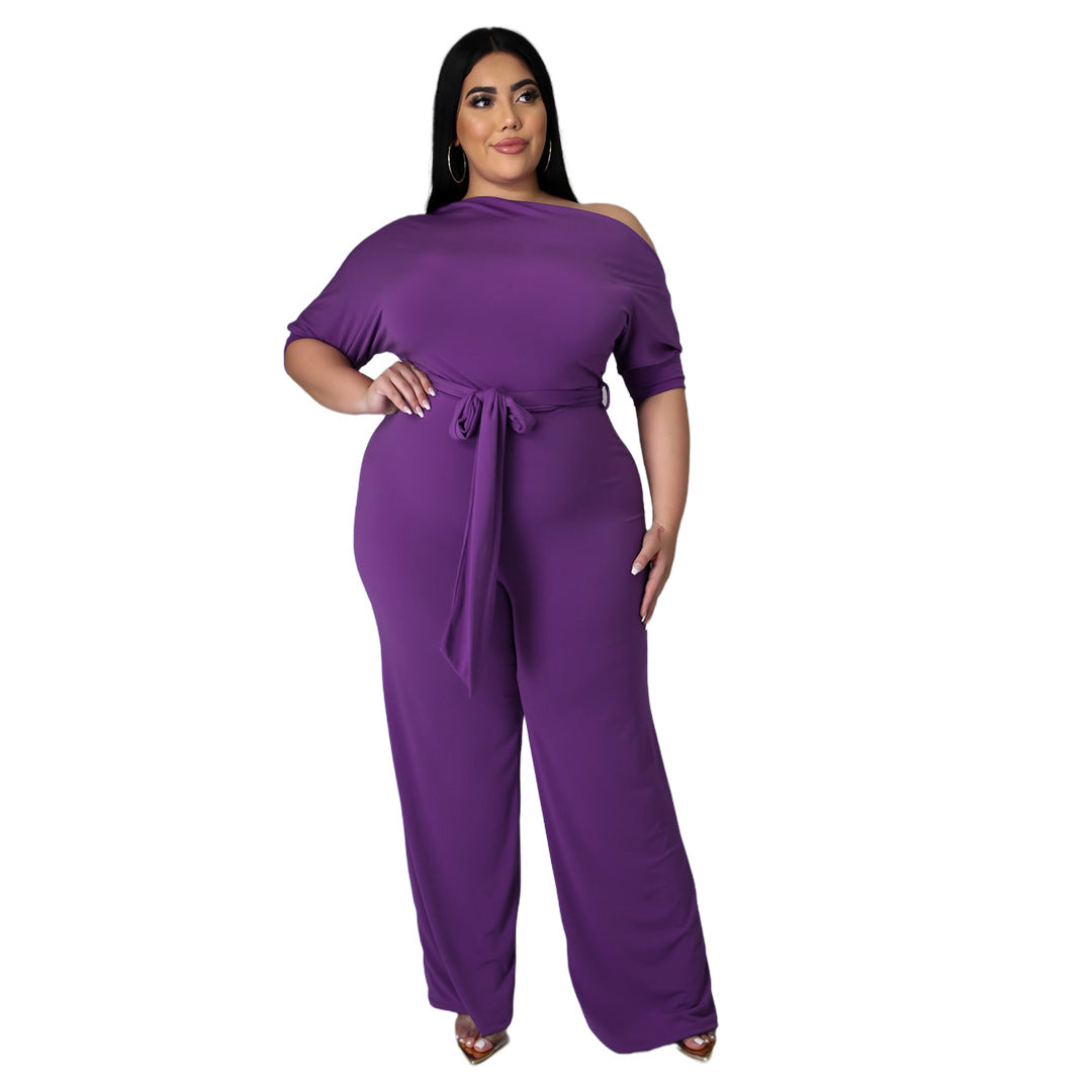 Plus Size Women Solid Color Lace-up Oblique Shoulder Horn Jumpsuit