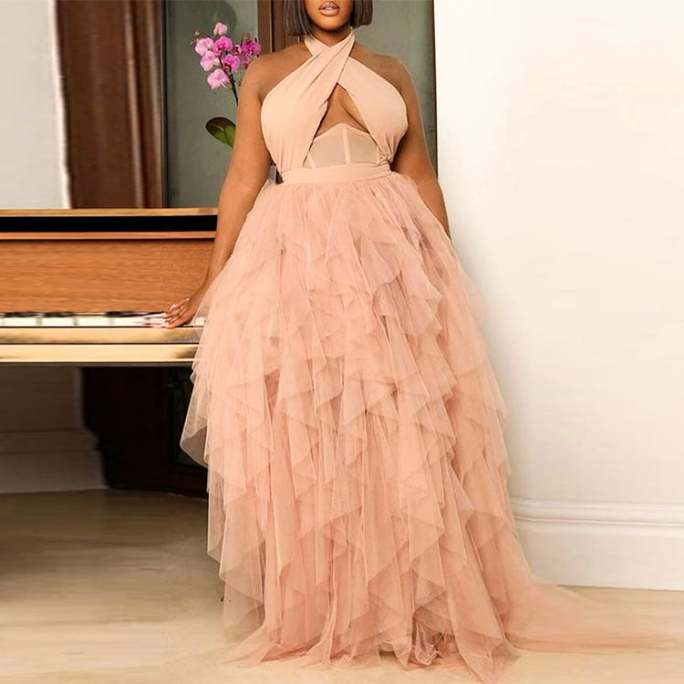 Plus Size Wedding  Women Dress Evening Dress Pink Halter Dress Large Swing Tulle Skirt