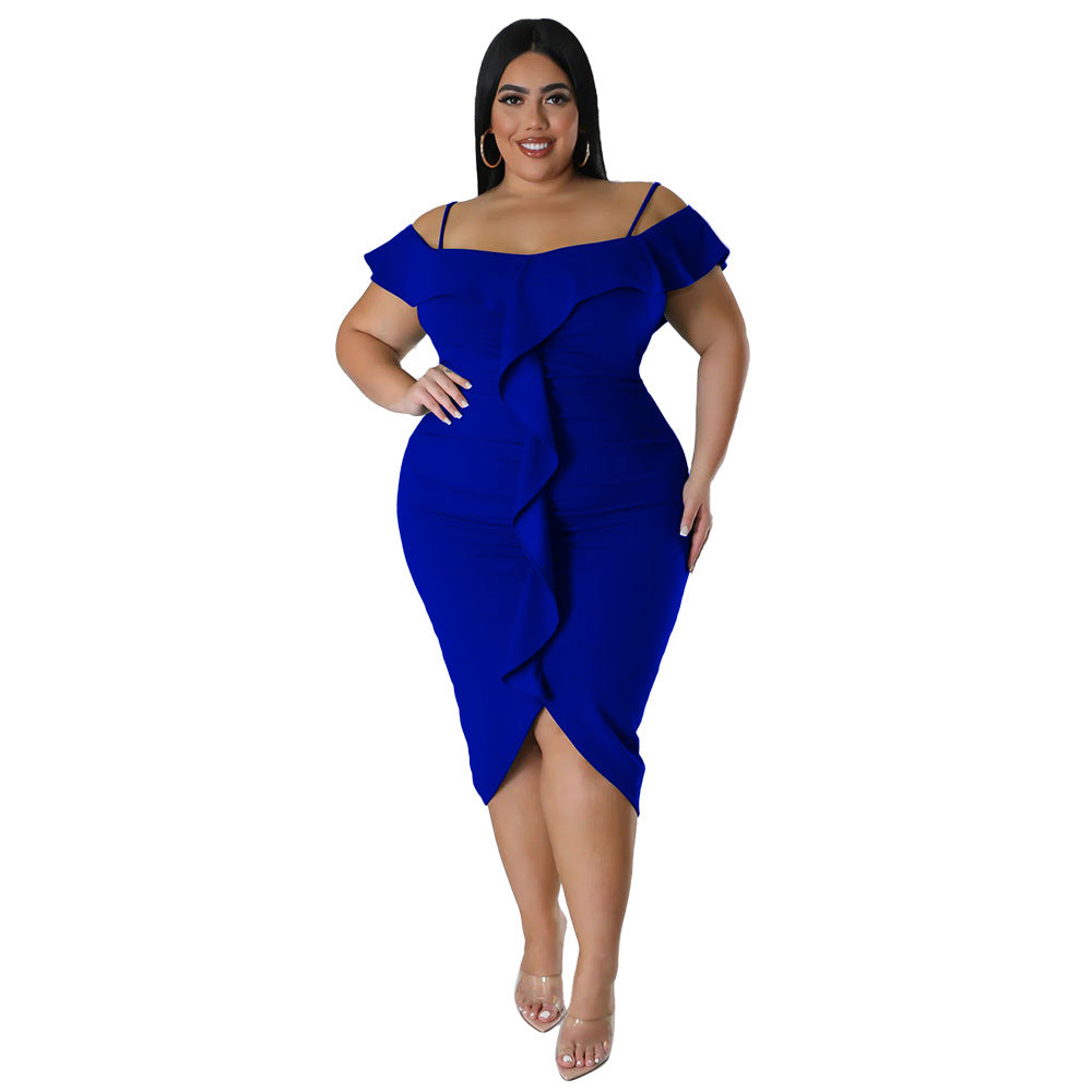 Plus Size Women Sweet Solid Color Dress off Neck Midi Dress