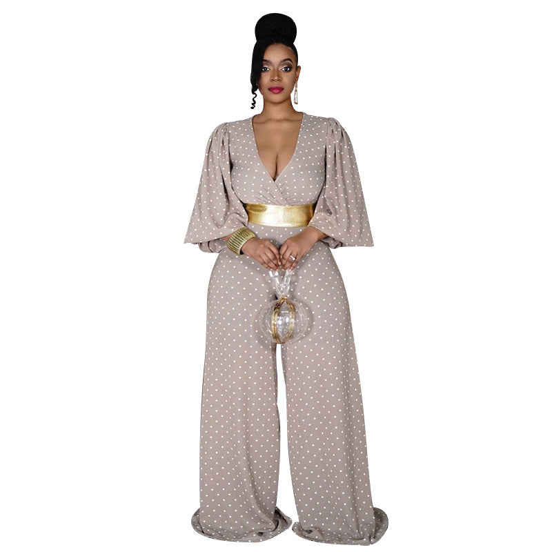 Plus Size V-neck Women Loose  Wide Leg Jumpsuit Printed Waist-Controlled Trousers