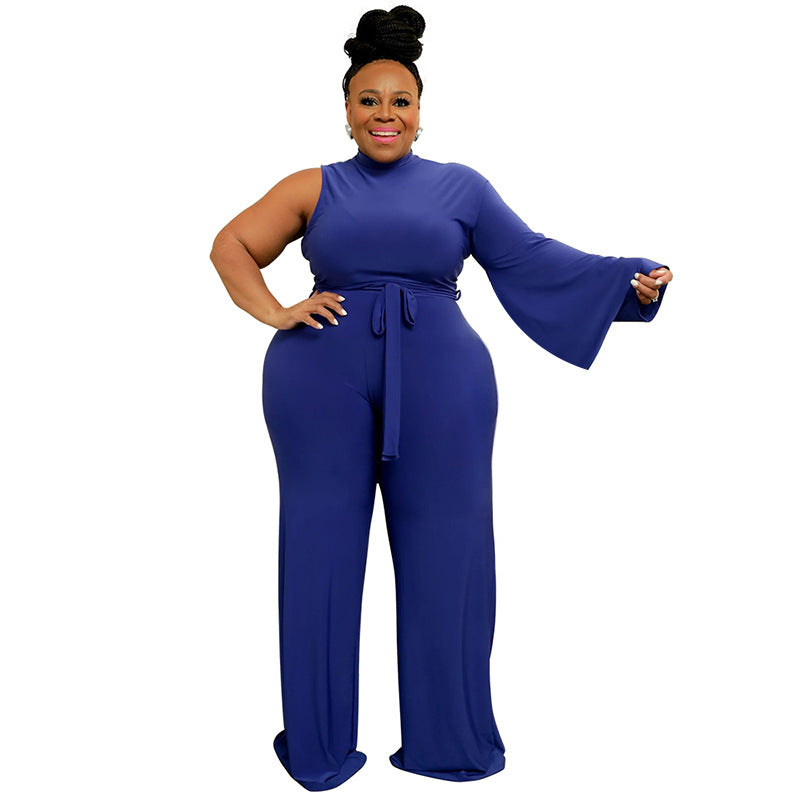 Plus Size Women Solid Color Lace-up Oblique Shoulder Bell Sleeve Jumpsuit