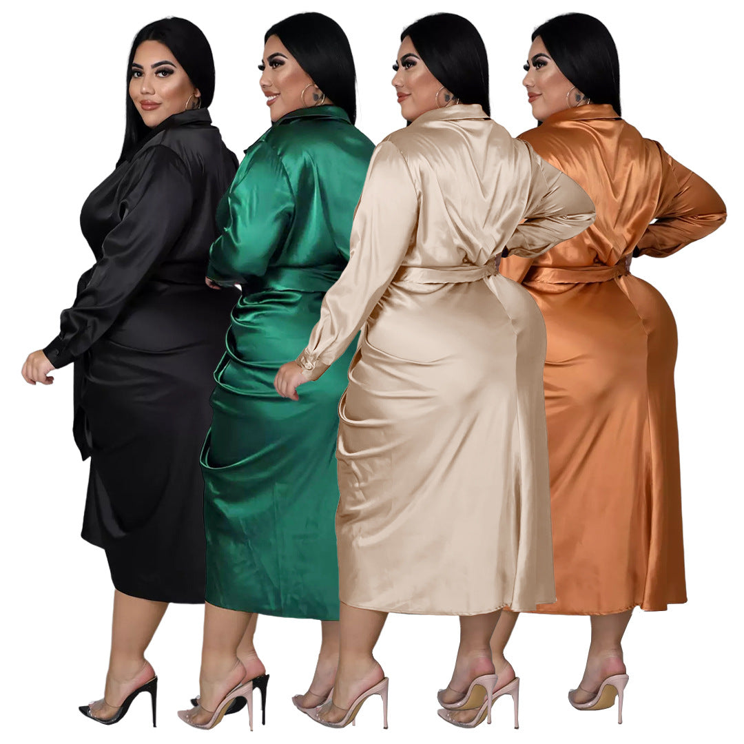 Plus Size Nightclub Uniforms Reflective Silk Pleated Lace-up Shirt Dress