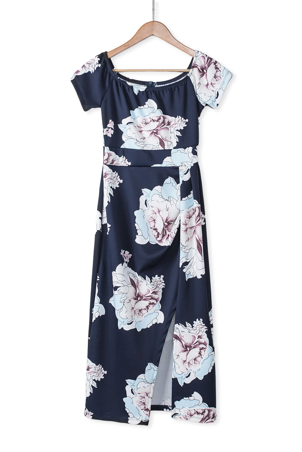 Dark Blue Floral Print Off Shoulder Slit Bodycon Midi Dress