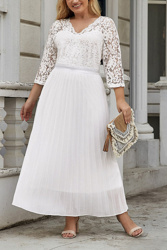 Lace Scalloped V Neck 3/4 Sleeves Pleated Tulle Plus Maxi Dress