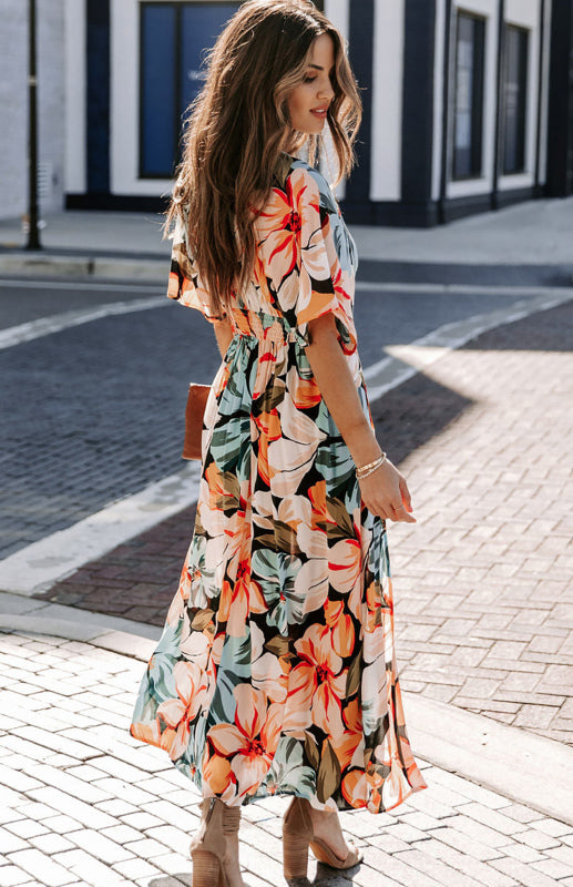 Women's Orange Split Floral Kimono Long Dress