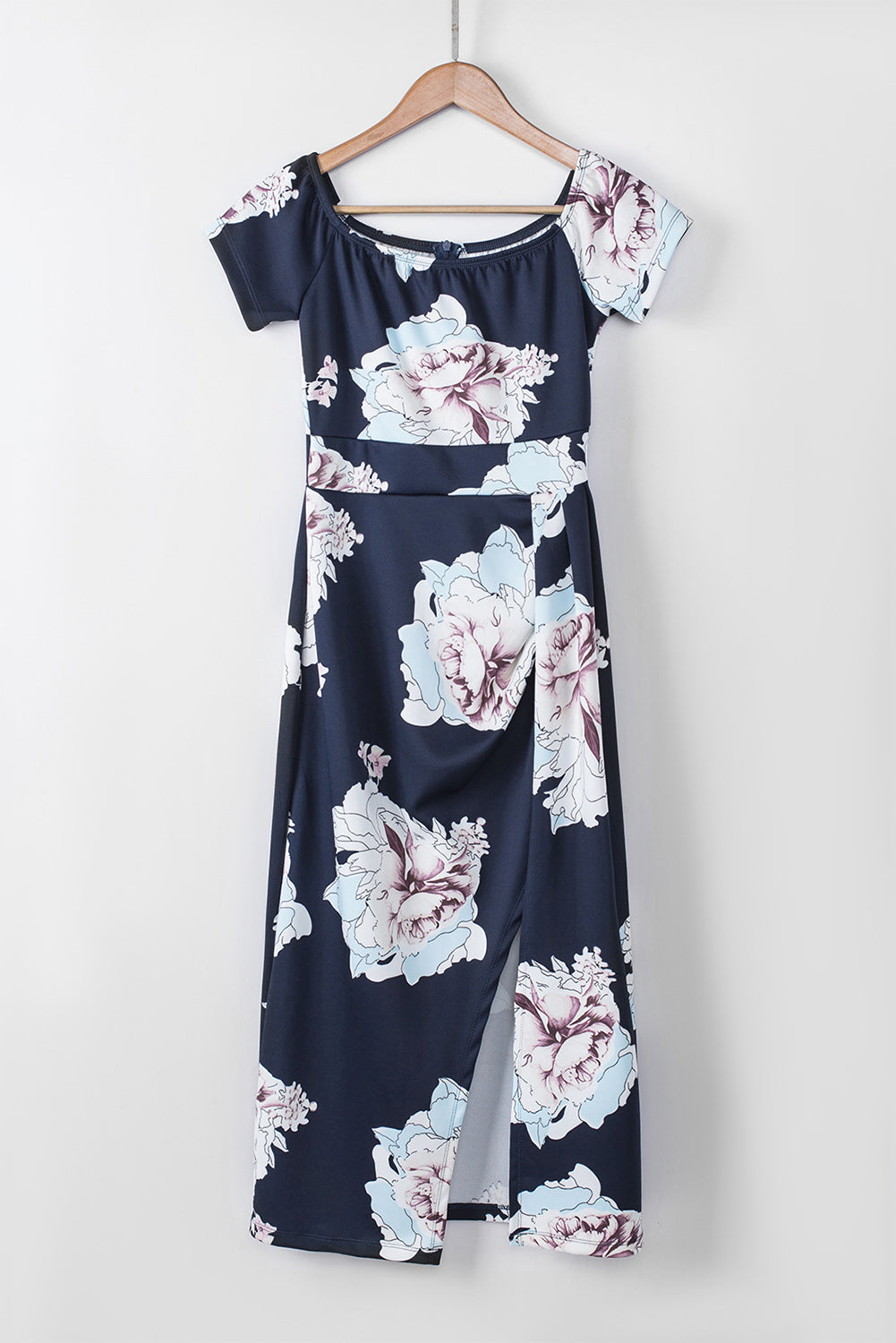 Dark Blue Floral Print Off Shoulder Slit Bodycon Midi Dress