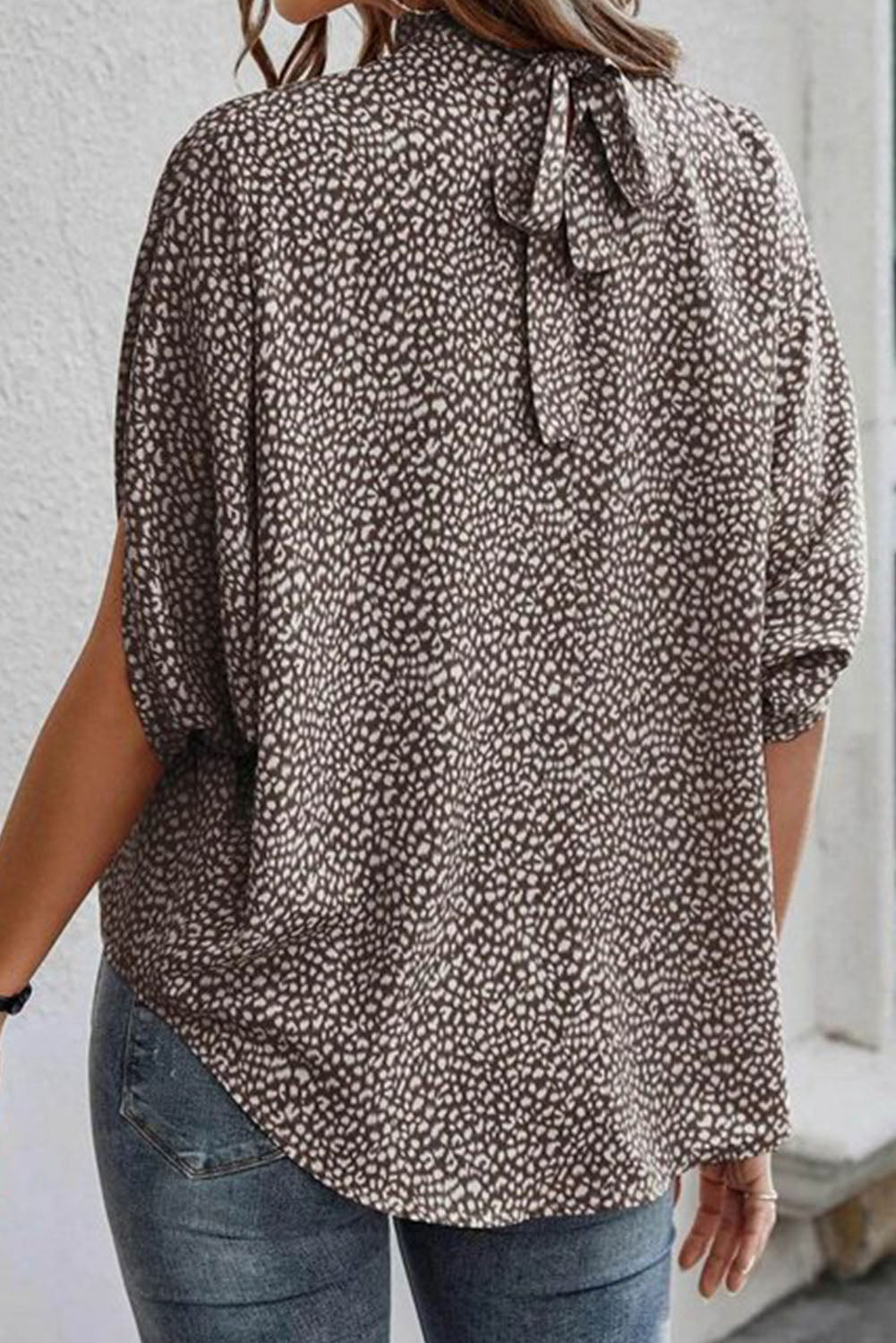 Khaki Frilled Neck 3/4 Sleeves Cheetah Blouse