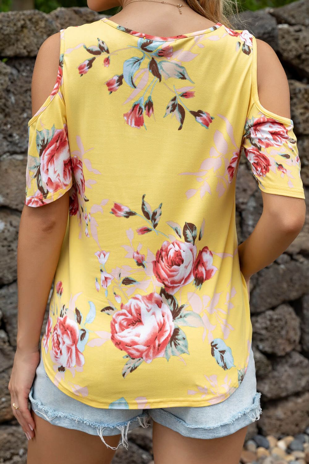 Floral Cold-Shoulder Round Neck Top