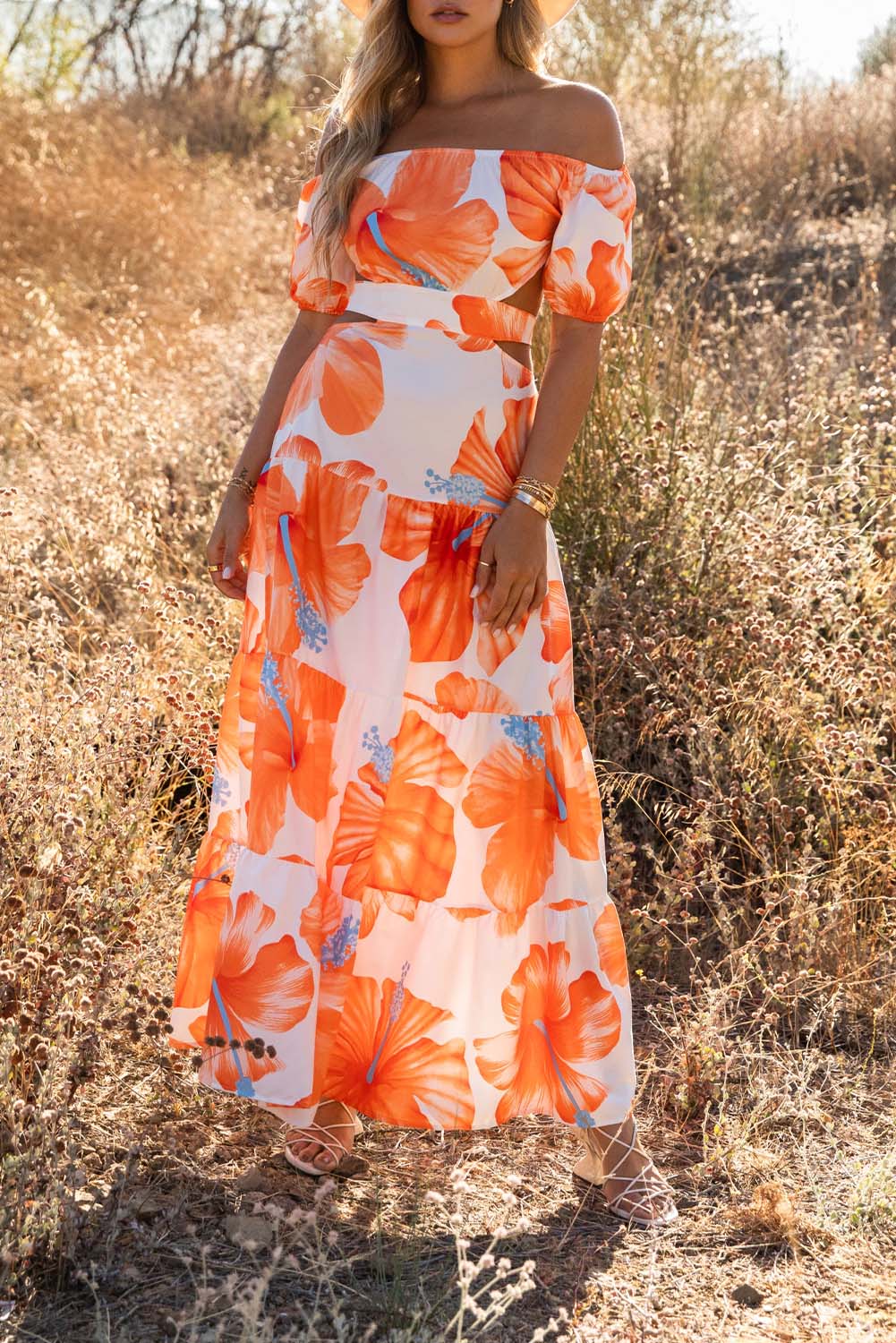 Floral Print Off Shoulder Backless Maxi Dress