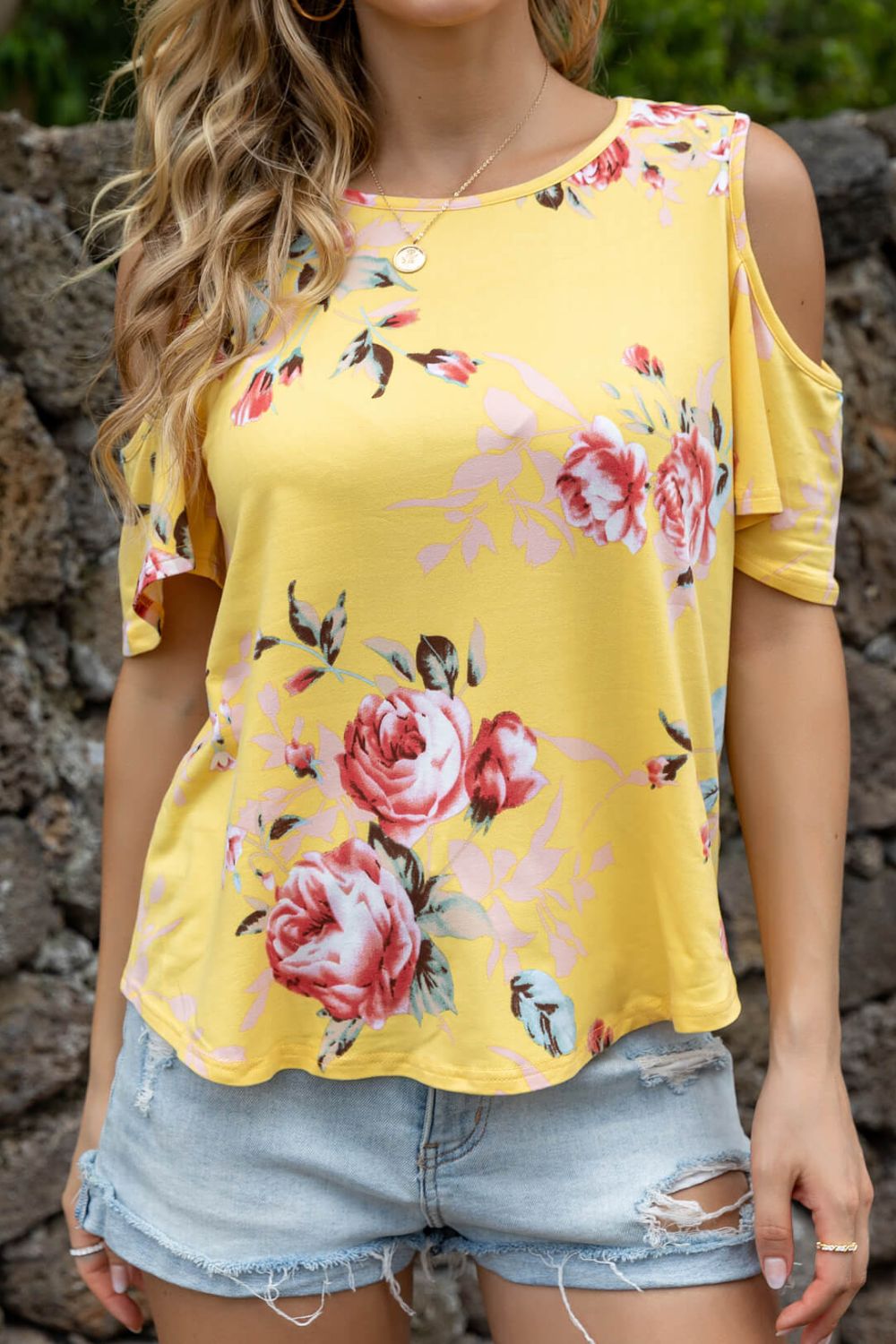 Floral Cold-Shoulder Round Neck Top