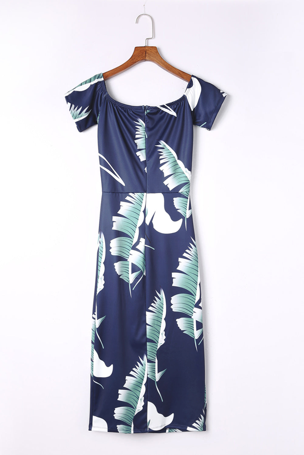 Dark Blue Floral Print Off Shoulder Slit Bodycon Midi Dress