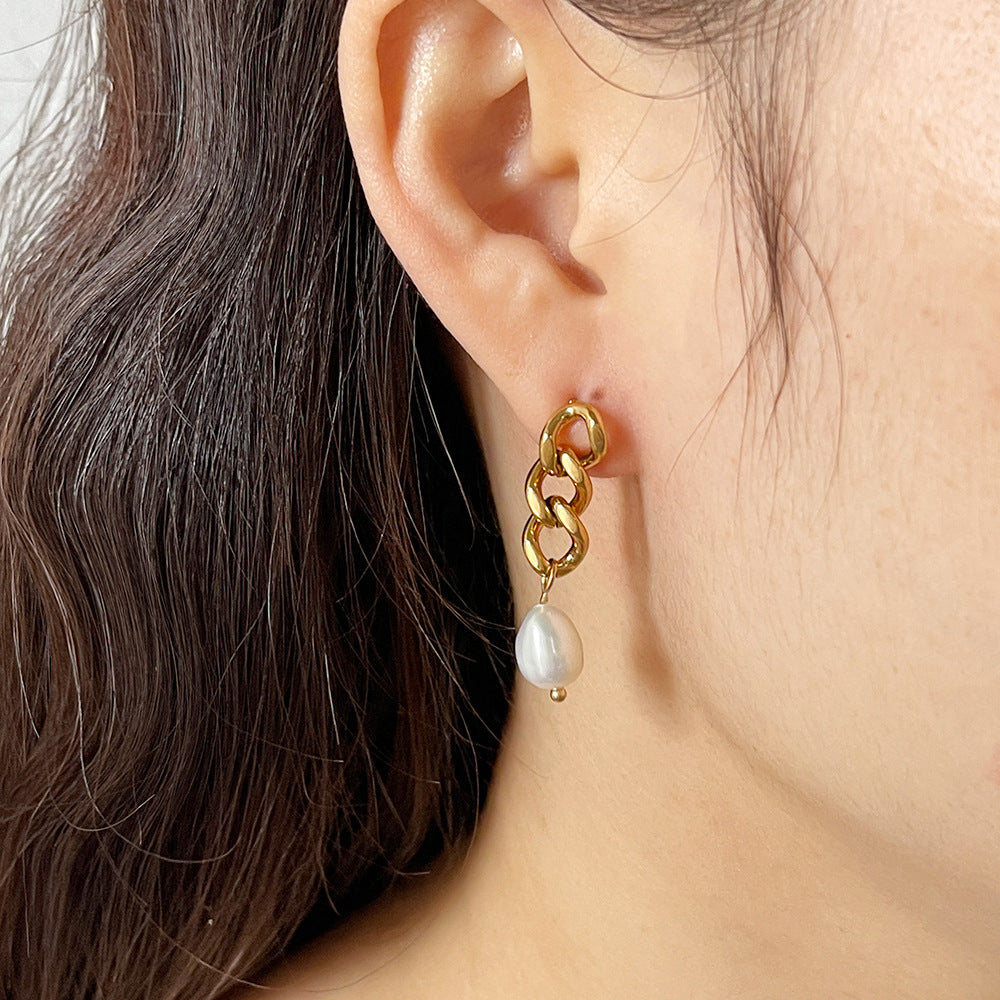 18K Gold Plated Pearl Asymmetric Chain Earrings