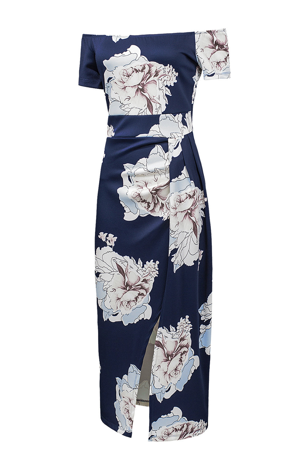 Dark Blue Floral Print Off Shoulder Slit Bodycon Midi Dress