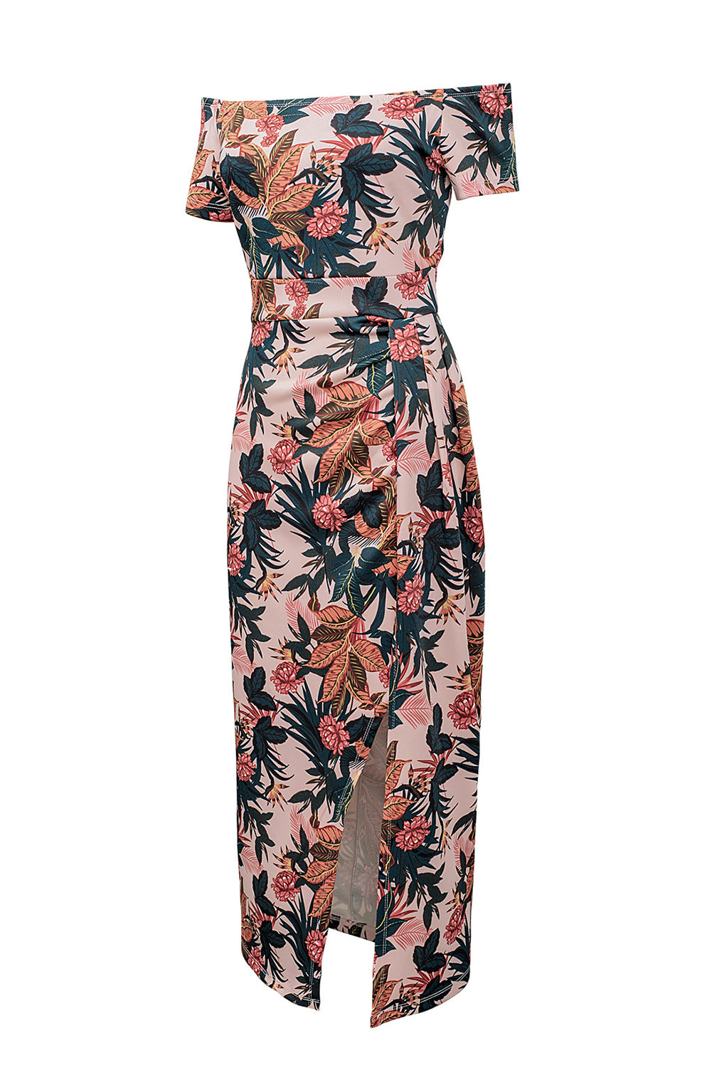 Dark Blue Floral Print Off Shoulder Slit Bodycon Midi Dress