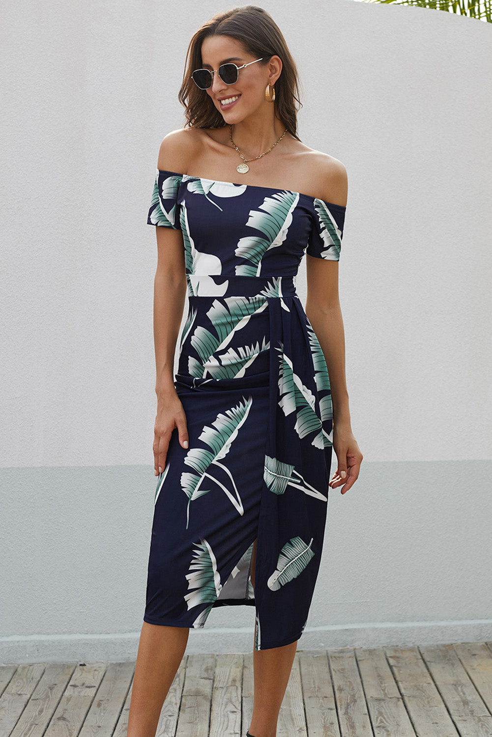 Dark Blue Floral Print Off Shoulder Slit Bodycon Midi Dress