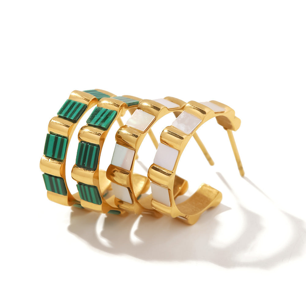 18k Gold Plated C Shape Bamboo Inlaid White Shell/Green Malachite Hoop Earrings