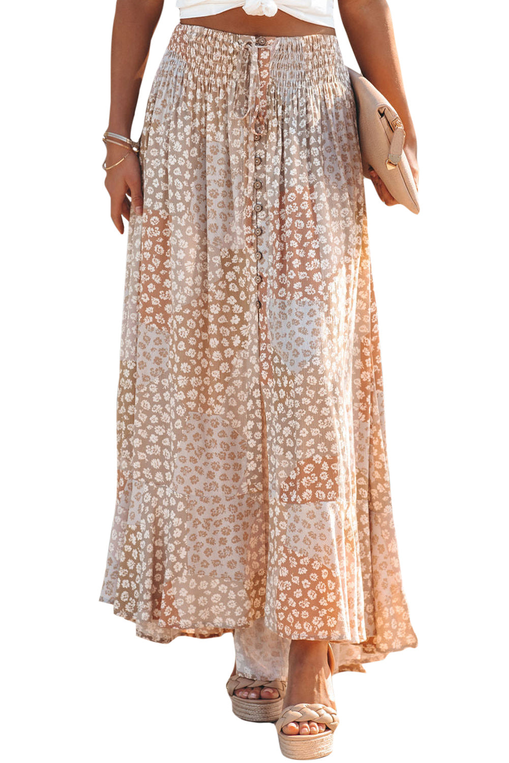 Boho Flower Print Smocked Waist Button Slit Maxi Skirt