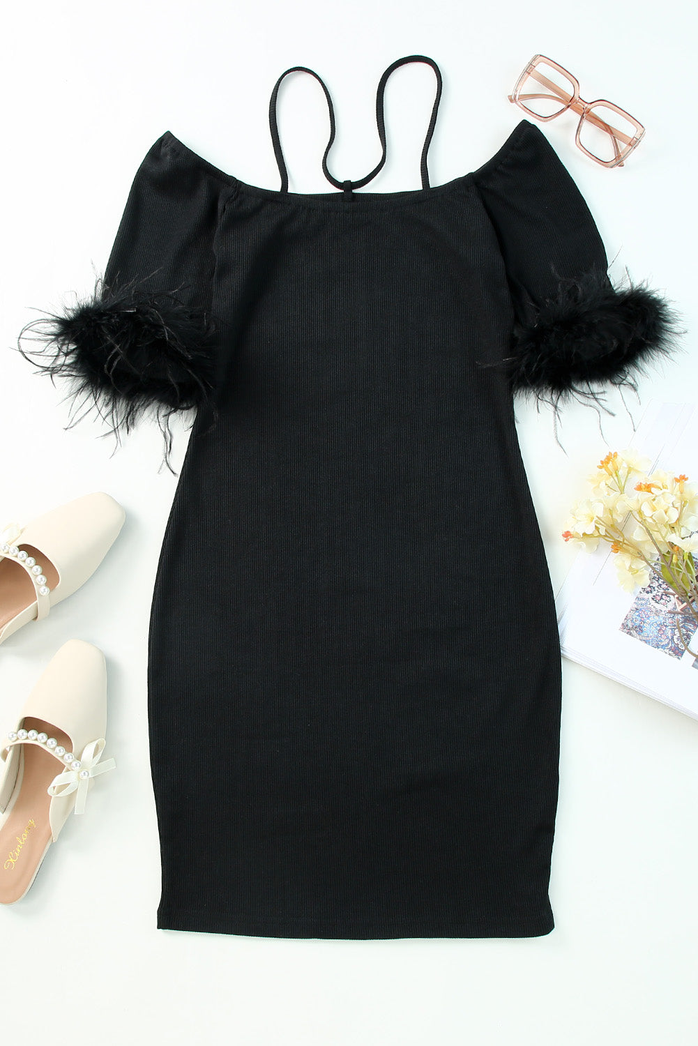 Ribbed Off Shoulder Feather Cuff Bodycon Dress
