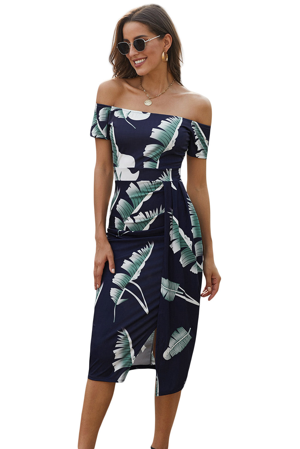 Dark Blue Floral Print Off Shoulder Slit Bodycon Midi Dress