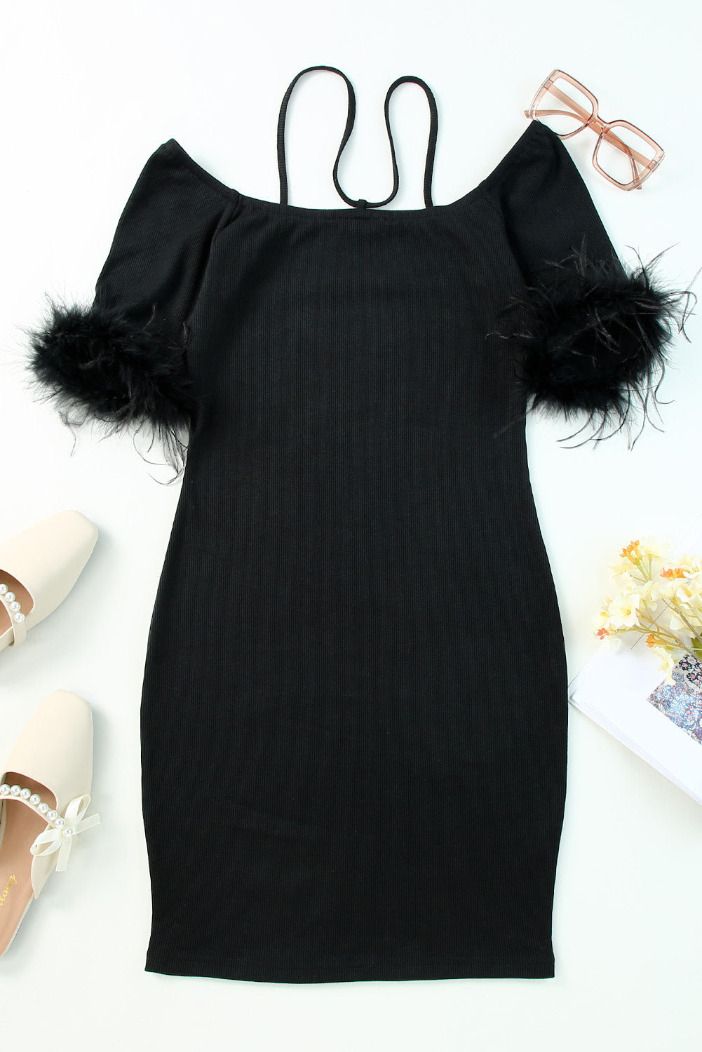 Ribbed Off Shoulder Feather Cuff Bodycon Dress