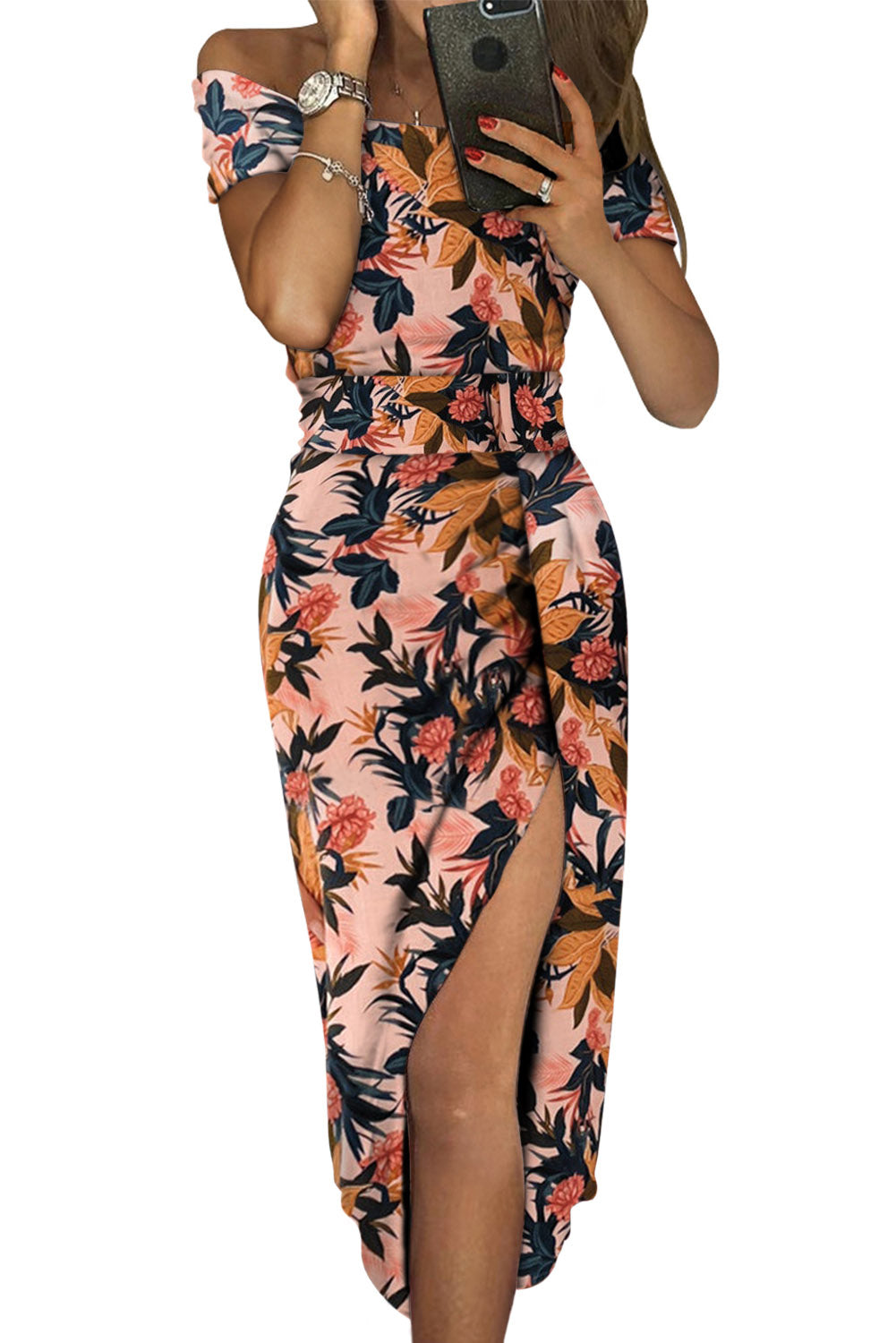 Dark Blue Floral Print Off Shoulder Slit Bodycon Midi Dress