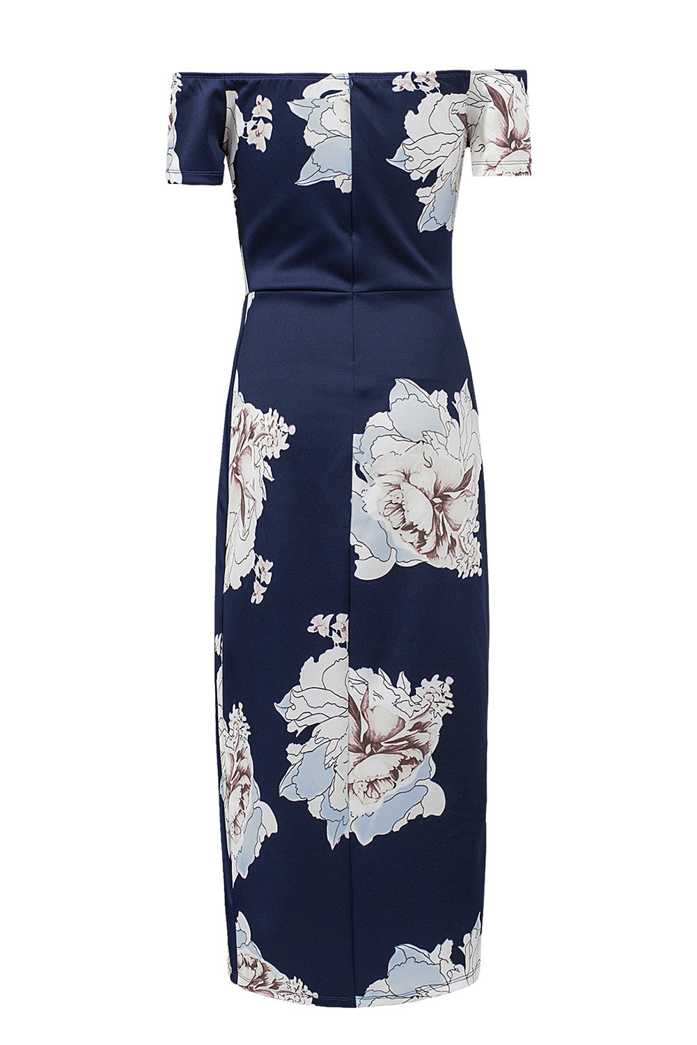 Dark Blue Floral Print Off Shoulder Slit Bodycon Midi Dress