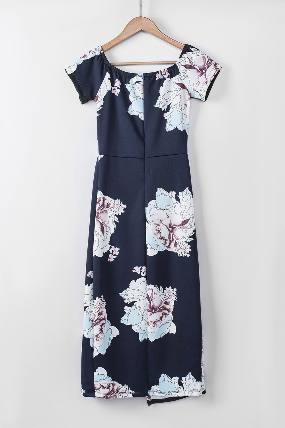 Dark Blue Floral Print Off Shoulder Slit Bodycon Midi Dress