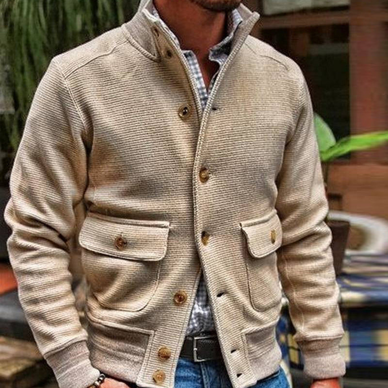 Men’s Solid Color Chunky Waffle Knit Button Front Jacket
