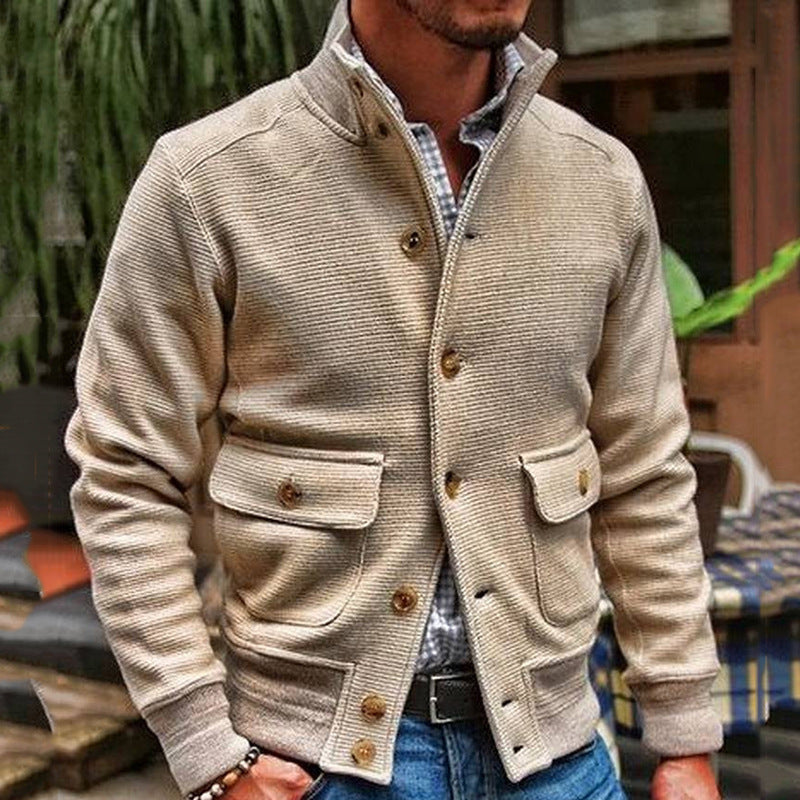 Men’s Solid Color Chunky Waffle Knit Button Front Jacket