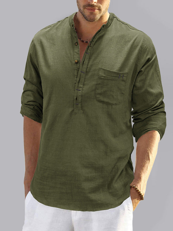 Men's solid color casual linen long sleeve shirt