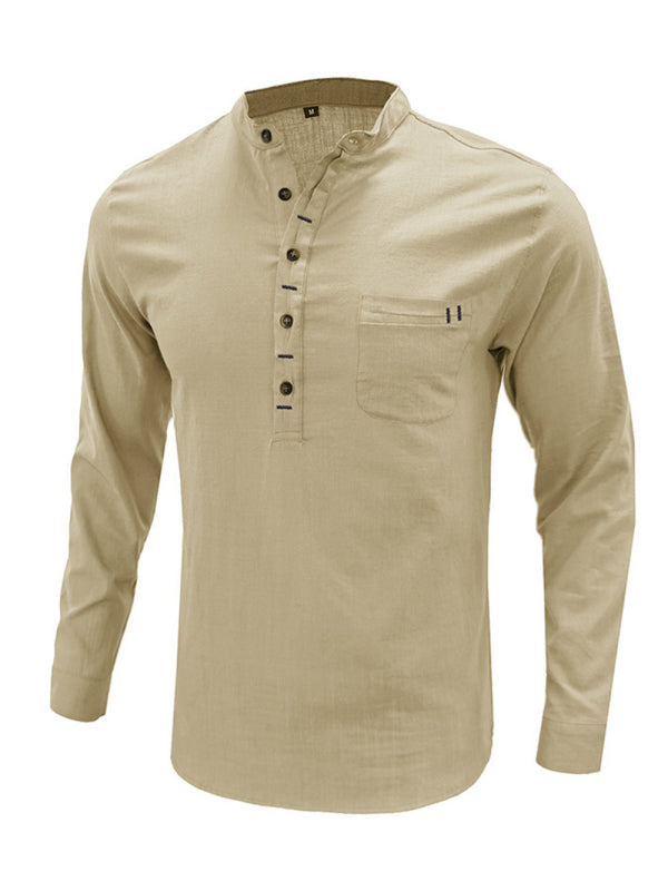 Men's solid color casual linen long sleeve shirt