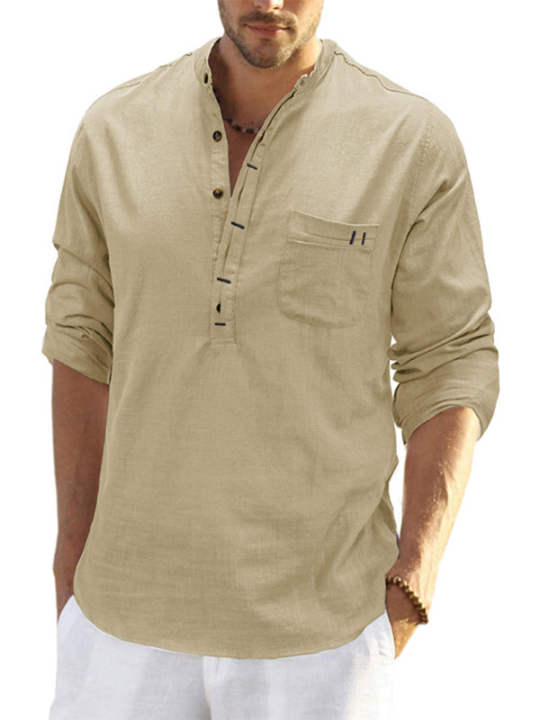 Men's solid color casual linen long sleeve shirt