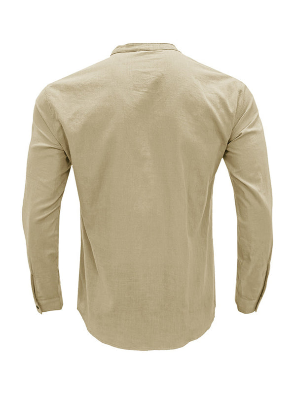 Men's solid color casual linen long sleeve shirt