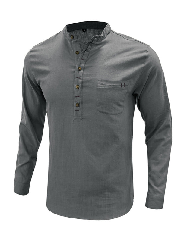 Men's solid color casual linen long sleeve shirt