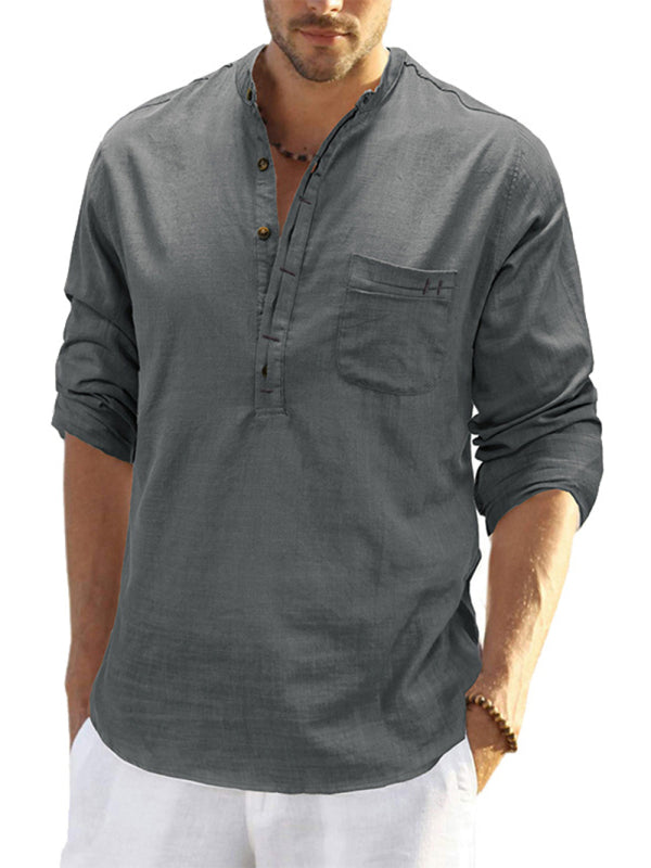 Men's solid color casual linen long sleeve shirt