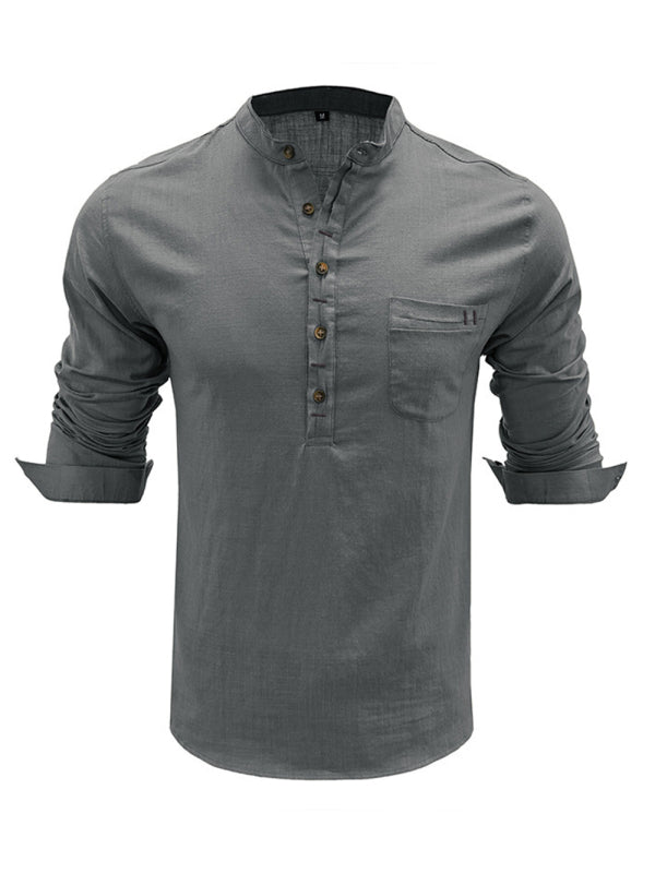 Men's solid color casual linen long sleeve shirt