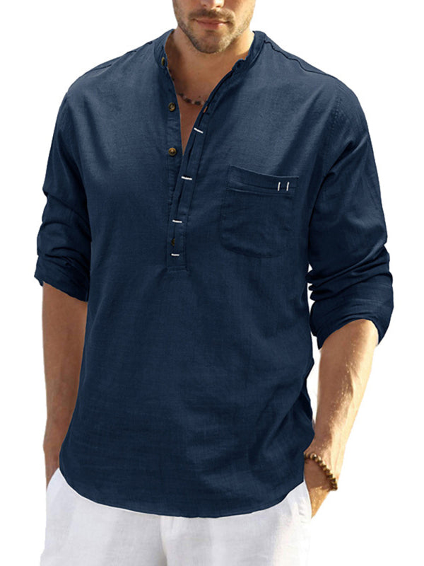 Men's solid color casual linen long sleeve shirt