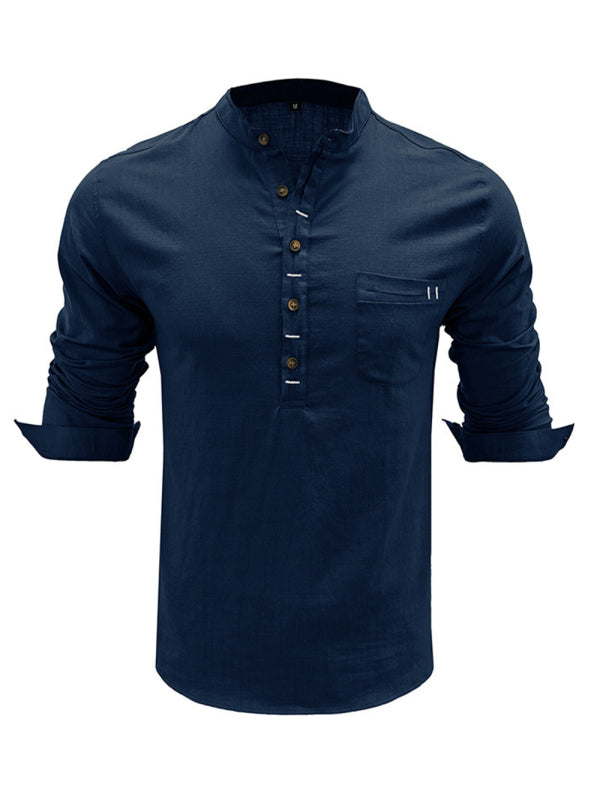 Men's solid color casual linen long sleeve shirt