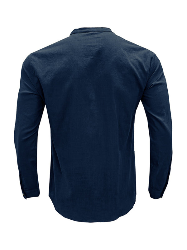 Men's solid color casual linen long sleeve shirt