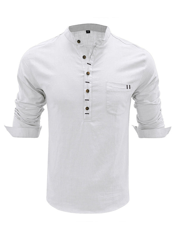 Men's solid color casual linen long sleeve shirt