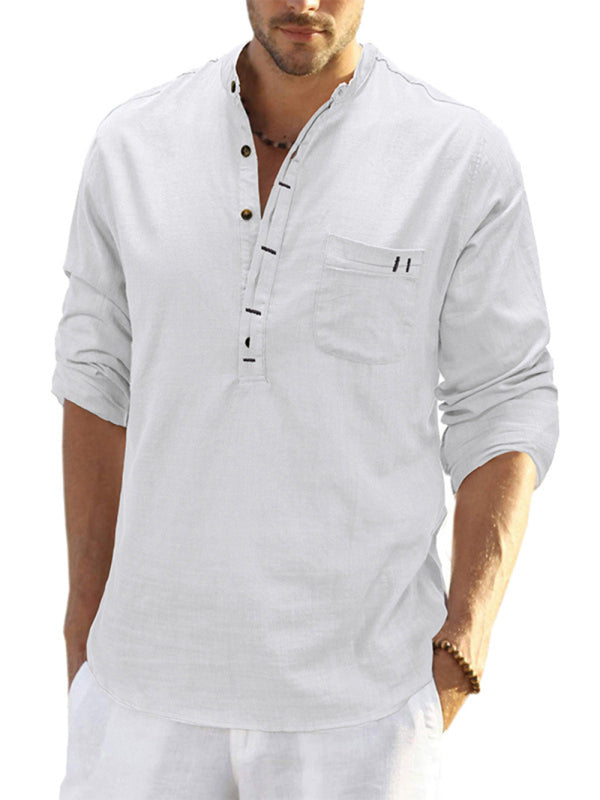 Men's solid color casual linen long sleeve shirt