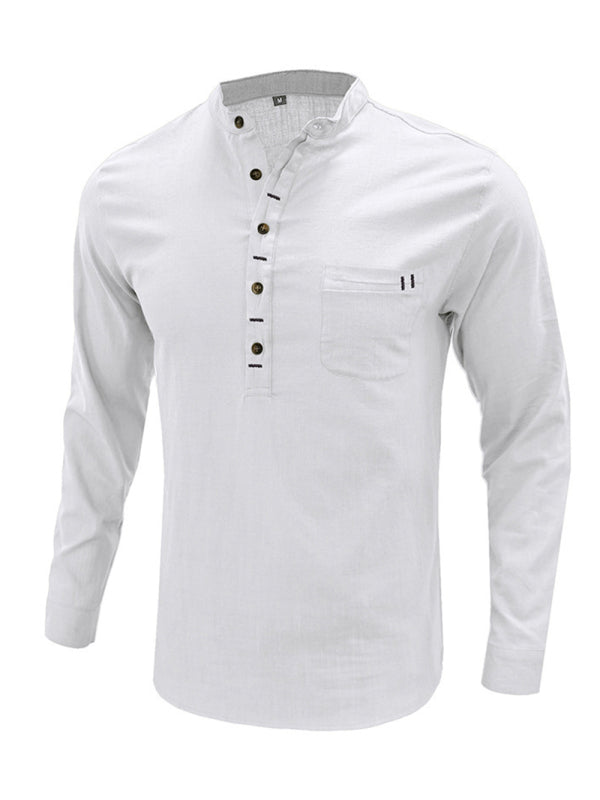 Men's solid color casual linen long sleeve shirt