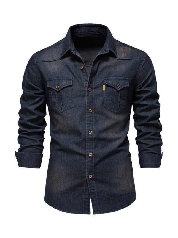 Denim non-iron shirt men's casual solid color non-iron men's long-sleeved shirt